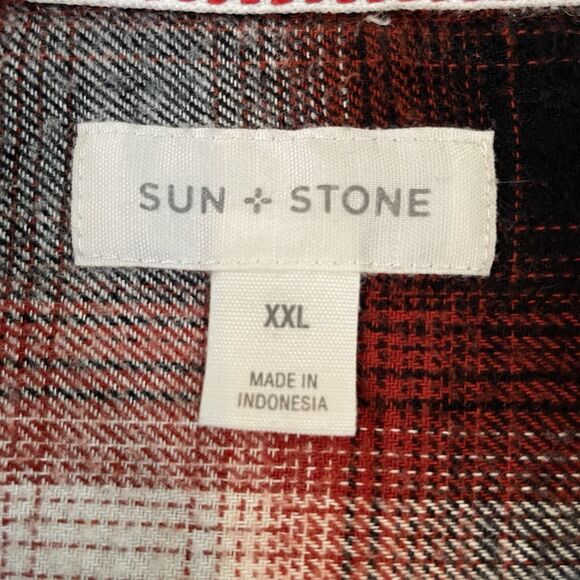 Sun + Stone Men’s  Flannel Button Down Tattersall Shirt Plaid Red Black- XXL - Picture 7 of 14